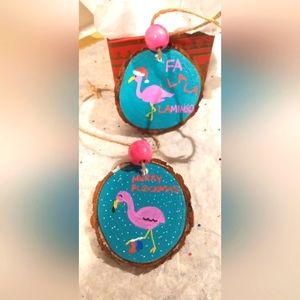 HANDPAINTED WOODSLICE FLAMINGO CHRISTMAS ORNAMENTS (2)